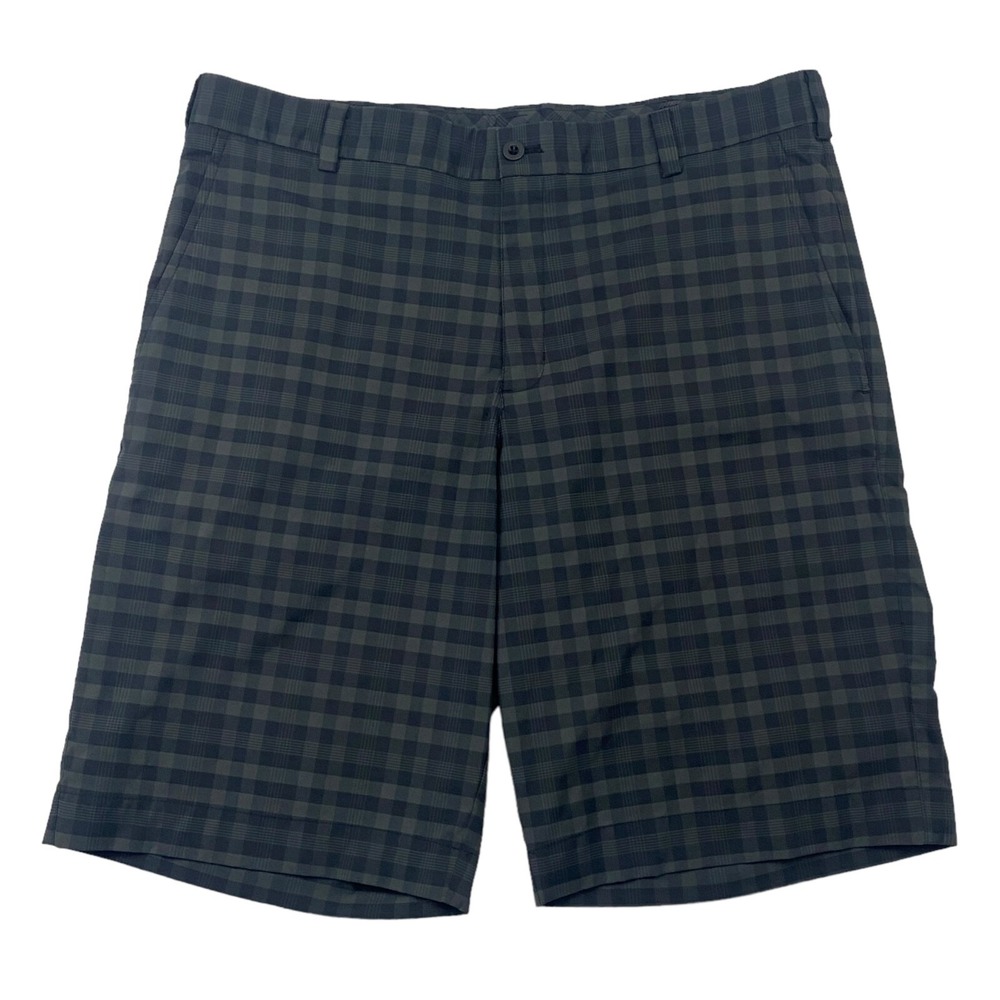 Nike GOLF Dri-Fit CORE Gray Black Plaid Flat Front Shorts Sz 34 Poly Stretch